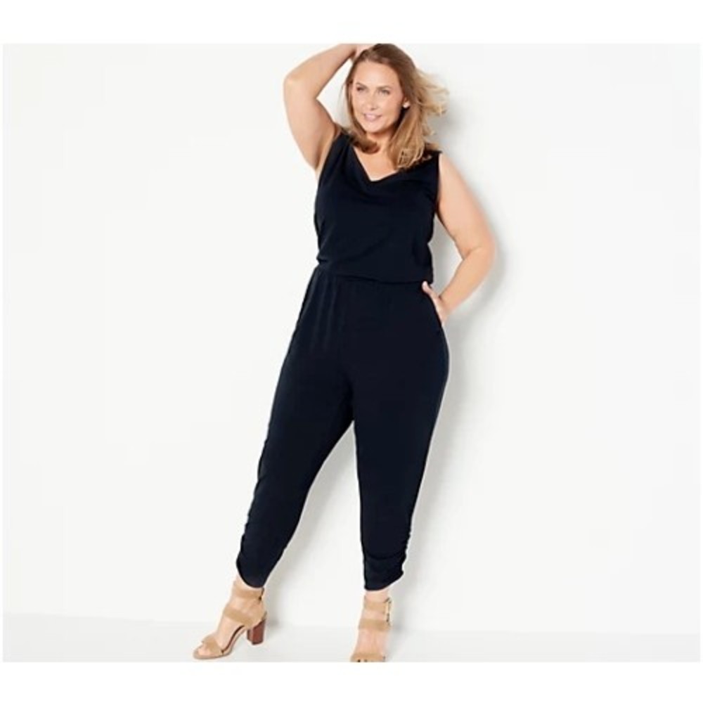 All Worthy Hunter McGrady Jumpsuit ~ sz M Knit Ruched Leg Black A397221